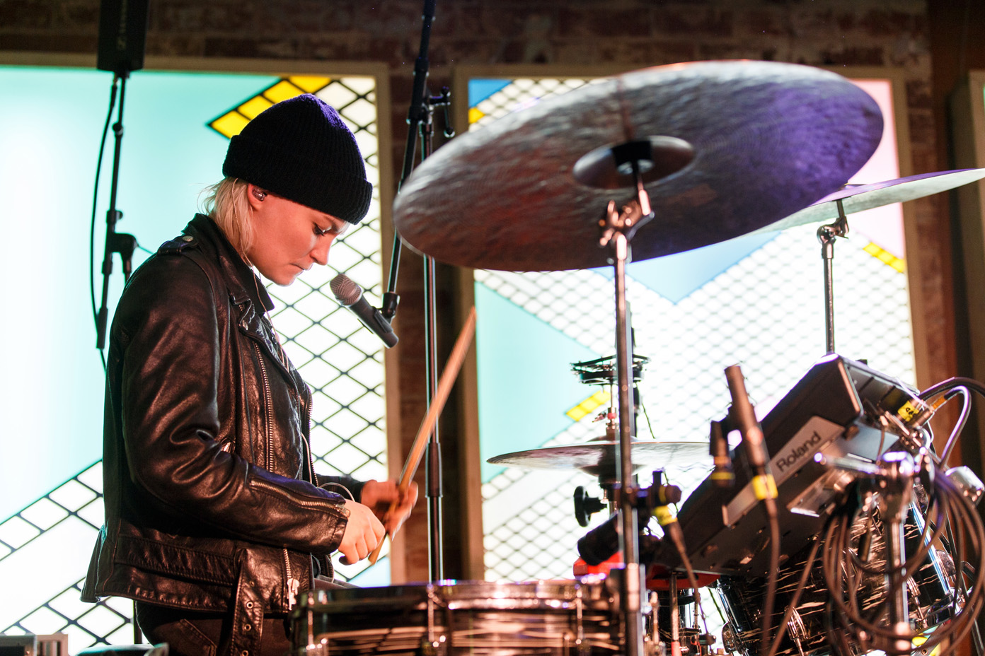 Maria Juntunen drumming during soundcheck